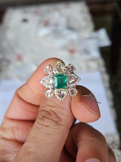 Set in 18K Gold, 1.52 carats Zambian Emerald & Rose Cut Diamonds Engagement Ring