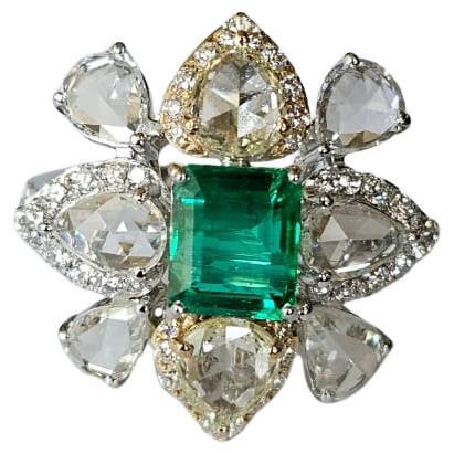 Verlobungsring aus 18 Karat Gold, 1,52 Karat sambischem Smaragd und Diamanten im Rosenschliff