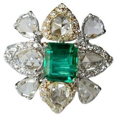 Set in 18K Gold, 1.52 carats Zambian Emerald & Rose Cut Diamonds Engagement Ring