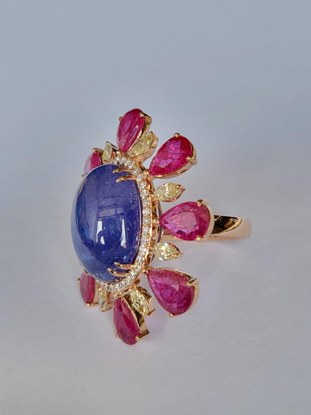Cabochon Set in 18k Gold, 15.48 Carats Tanzanite, Natural Rubies & Diamonds Cocktail Ring For Sale