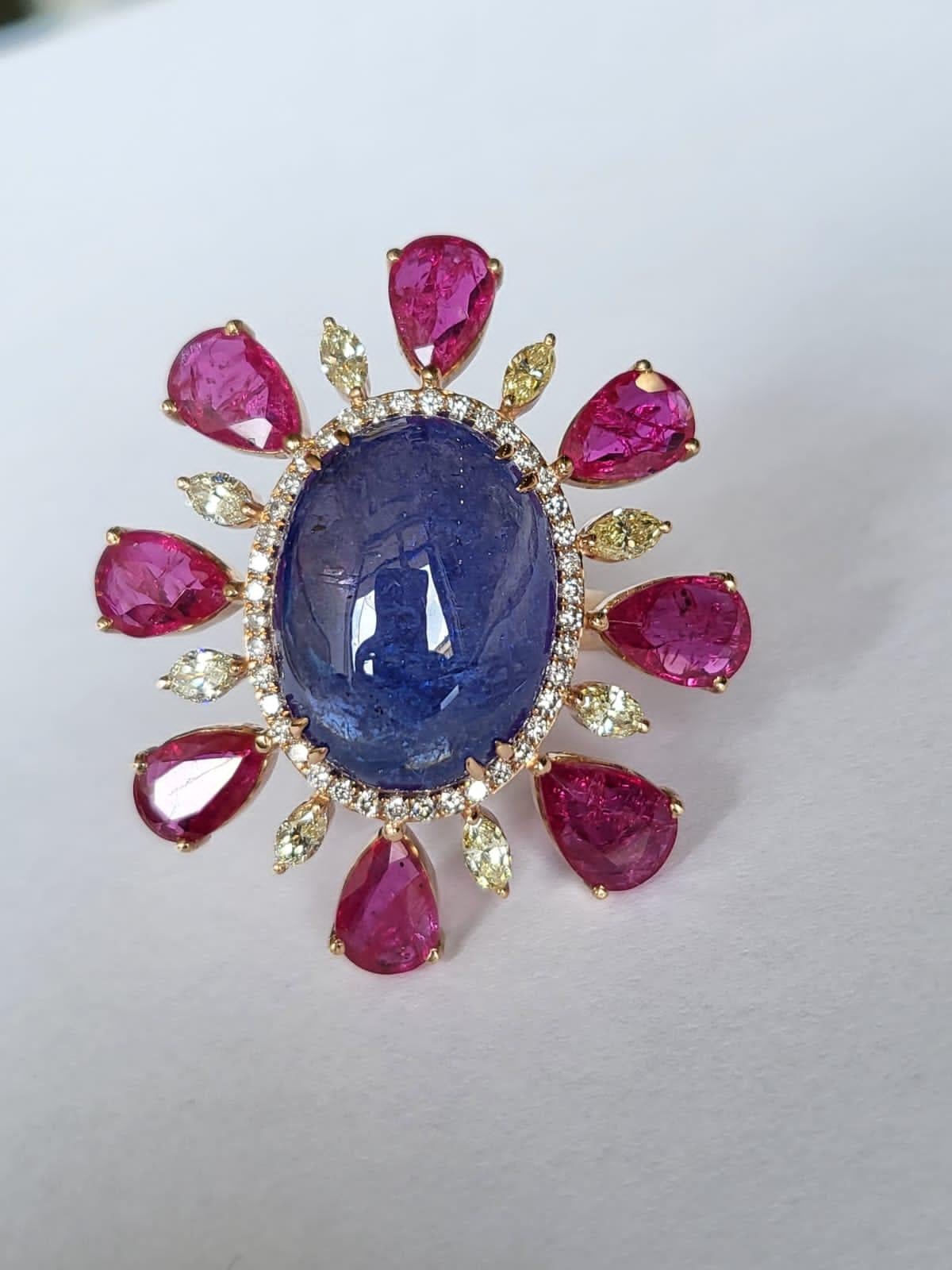 Set in 18k Gold, 15.48 Carats Tanzanite, Natural Rubies & Diamonds Cocktail Ring In New Condition For Sale In Hong Kong, HK