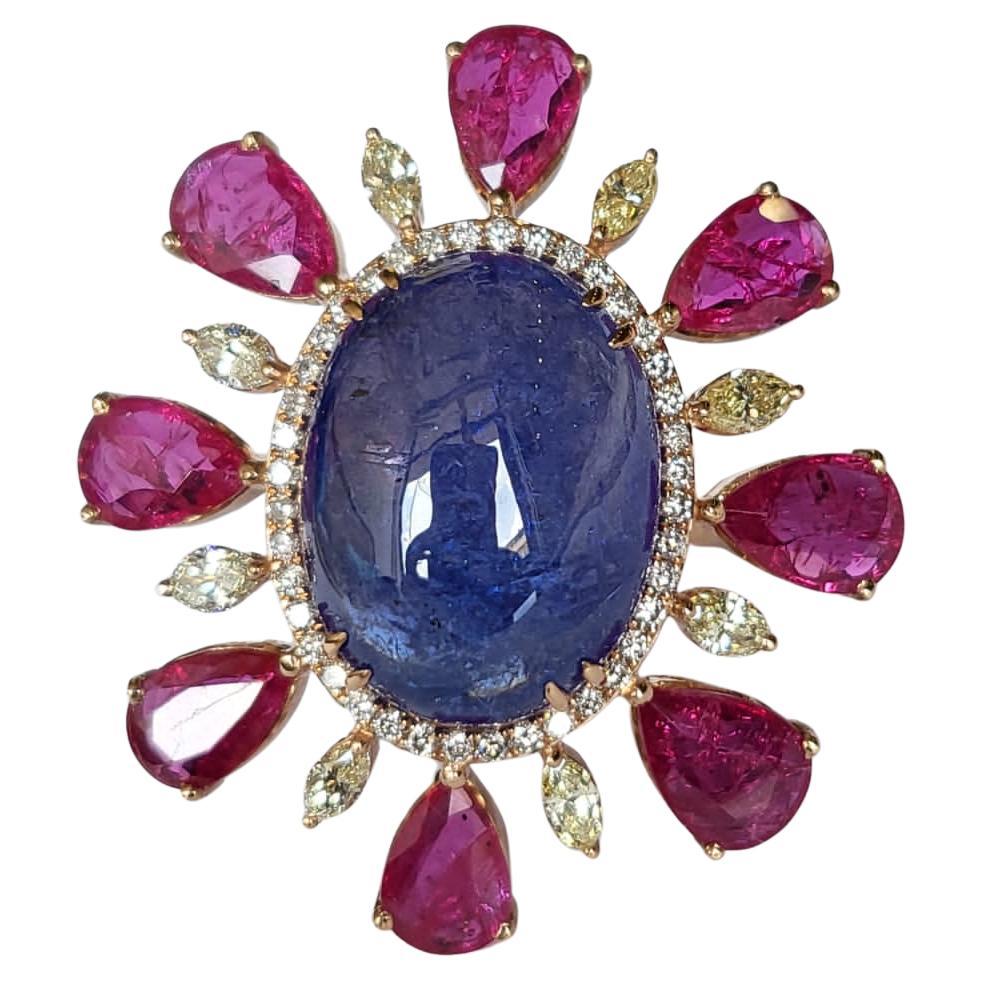 Set in 18k Gold, 15.48 Carats Tanzanite, Natural Rubies & Diamonds Cocktail Ring For Sale