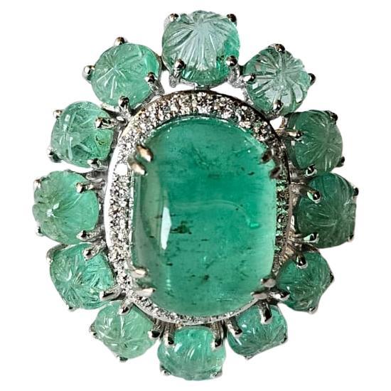 Set in 18K Gold, 15.94 carats, Colombian Emerald Cabochon & Diamonds Dome Ring
