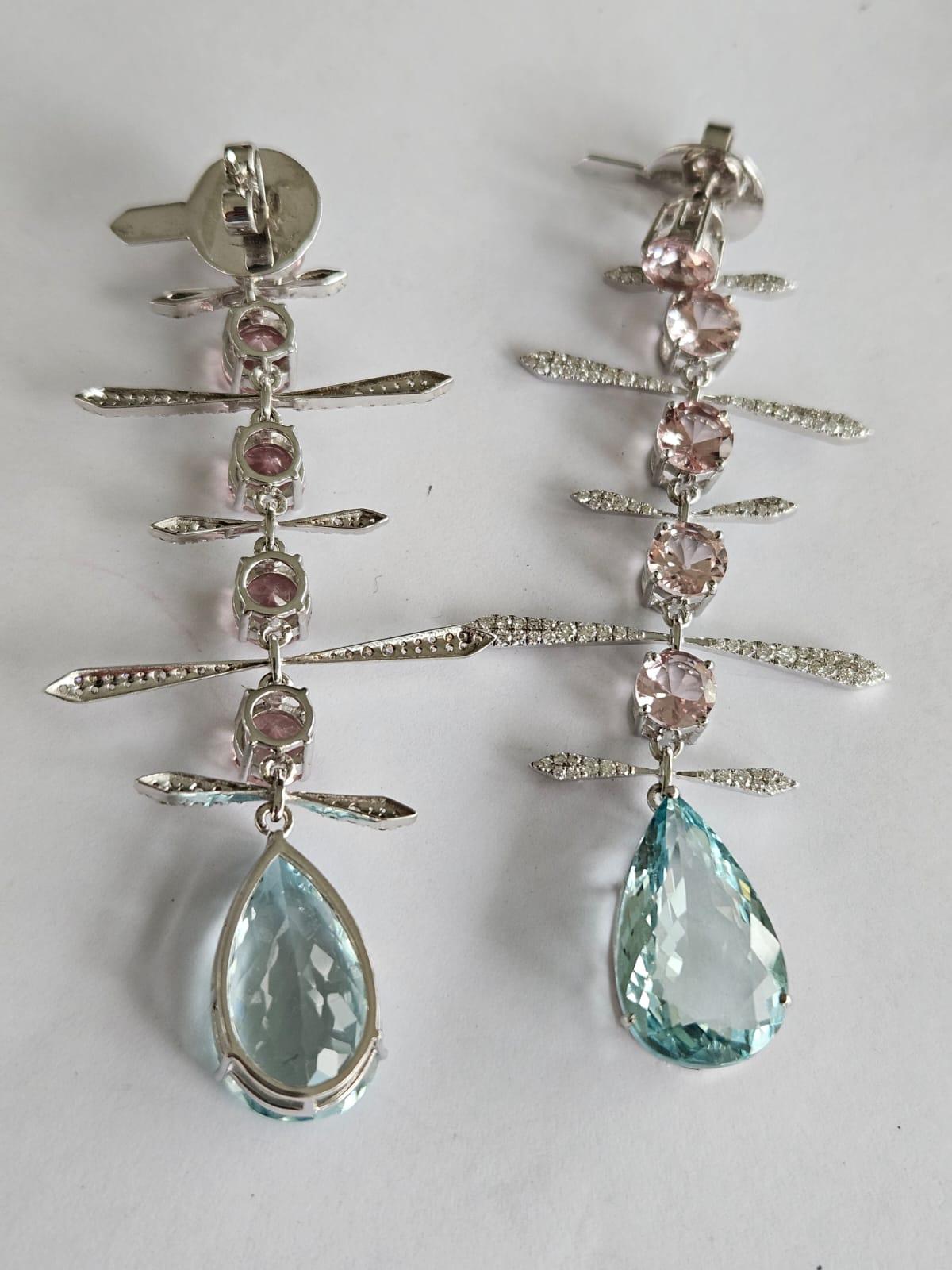 Set in 18K Gold, 15.99 carats, Aquamarine, Morganite & Diamonds Dangle Earrings For Sale 7