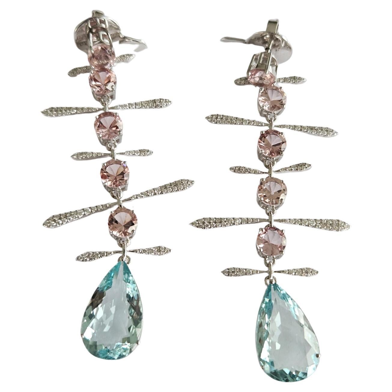 Set in 18K Gold, 15.99 carats, Aquamarine, Morganite & Diamonds Dangle Earrings For Sale