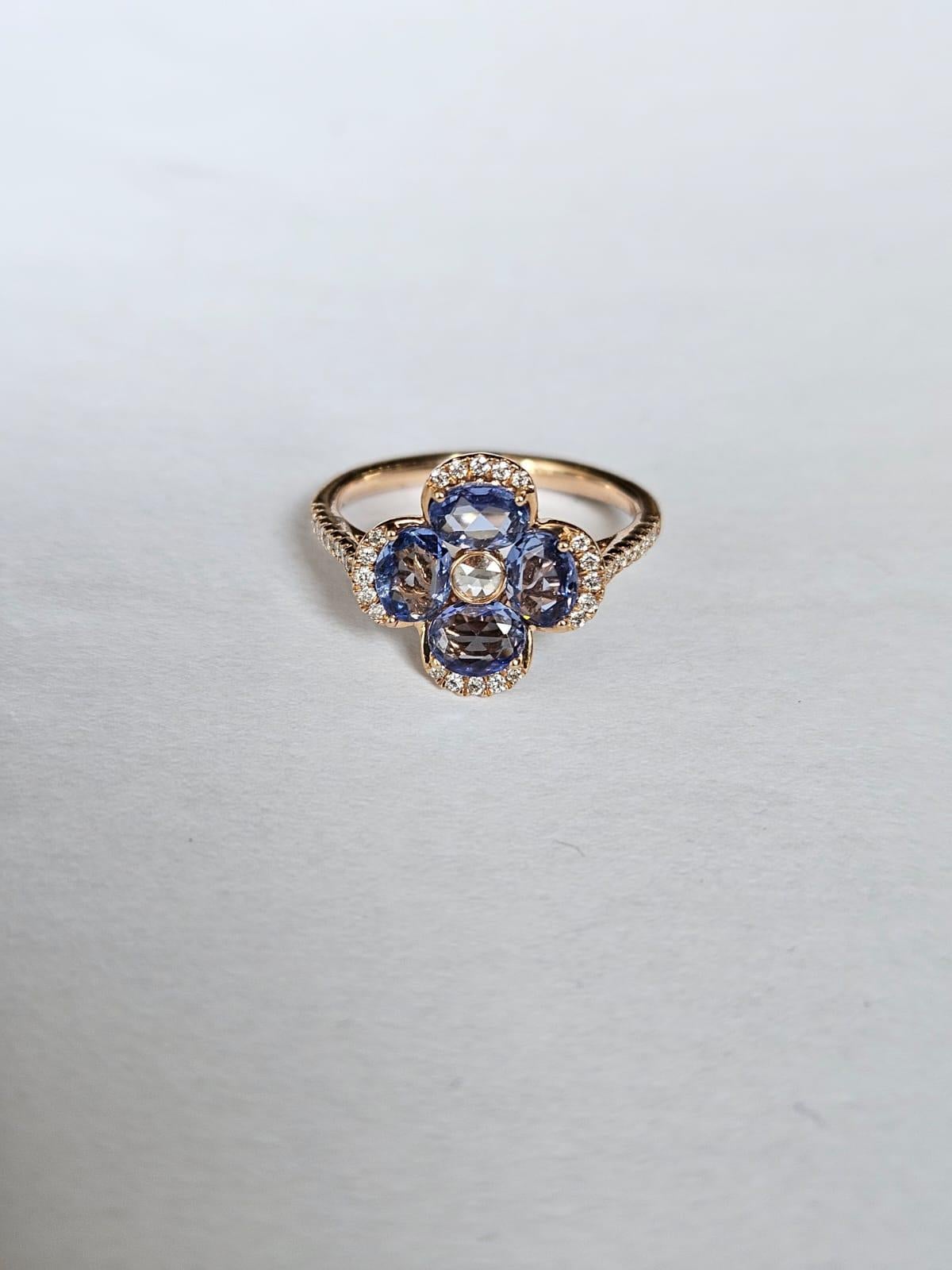 Women's or Men's Set in 18K Gold, 1.62 carats, Blue Sapphire Rose Cuts & Diamonds Engagement Ring For Sale