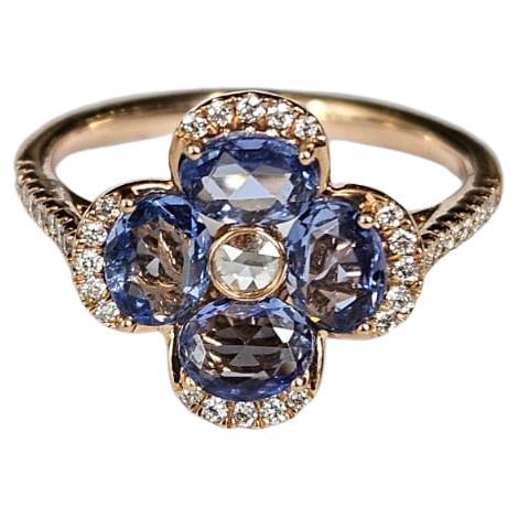 Set in 18K Gold, 1.62 carats, Blue Sapphire Rose Cuts & Diamonds Engagement Ring