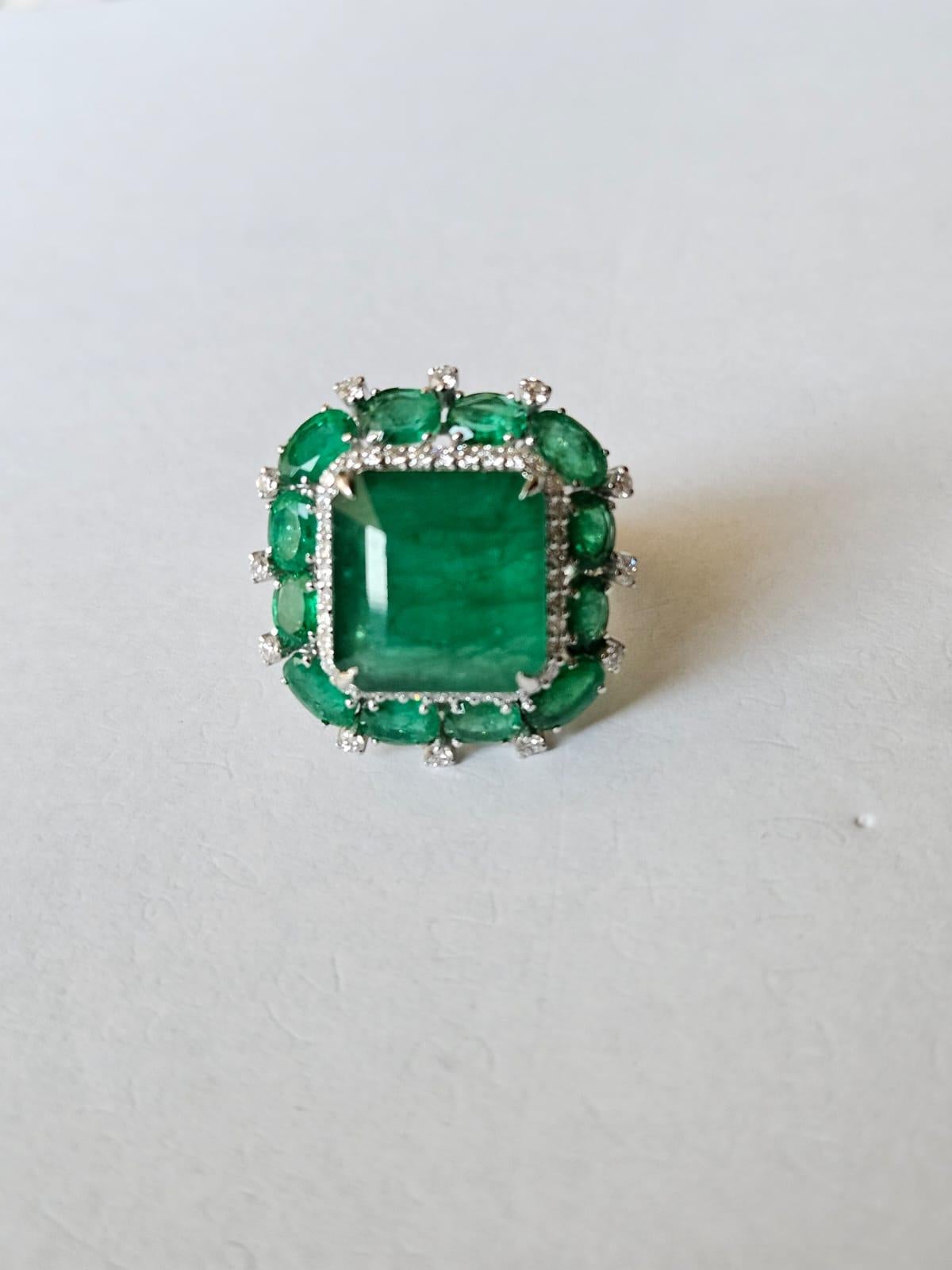 Set in 18K Gold, 16.60 carats natural Zambian Emerald & Diamonds Engagement Ring 4