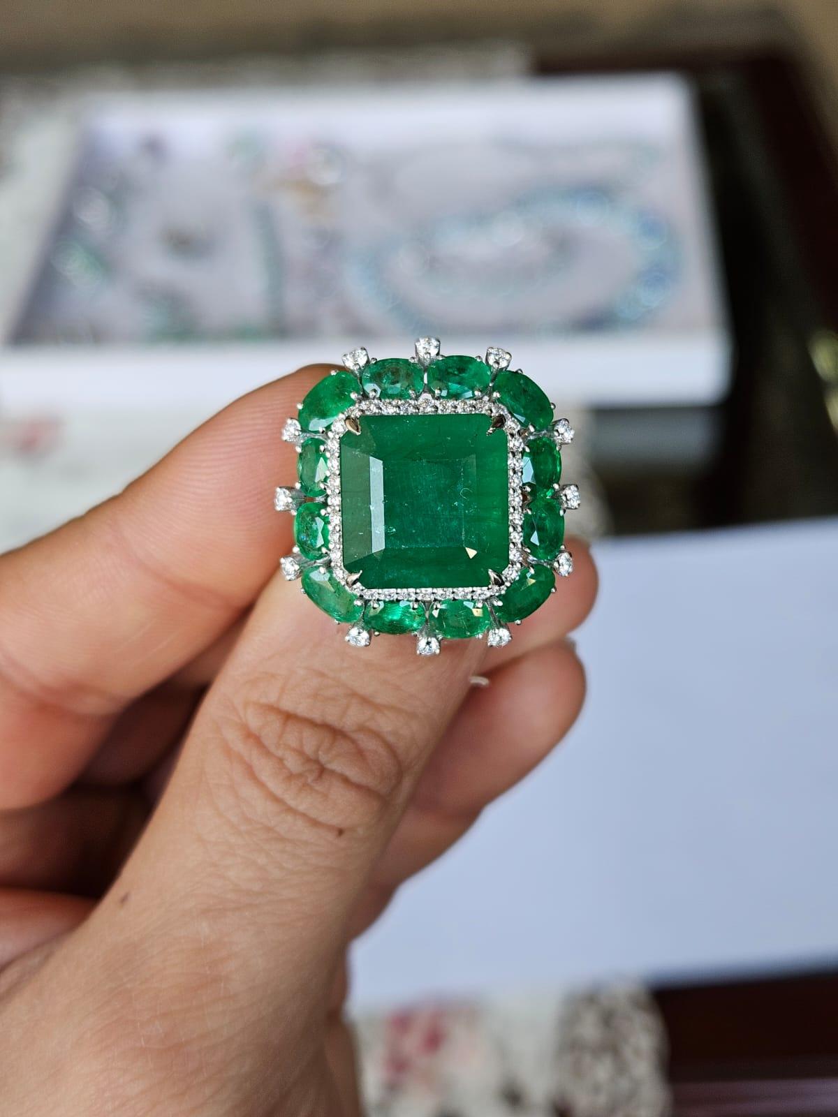 Set in 18K Gold, 16.60 carats natural Zambian Emerald & Diamonds Engagement Ring 1