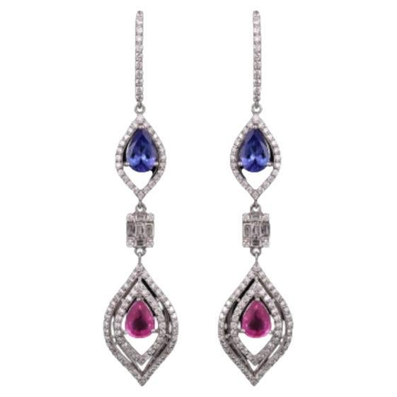 Set in 18K Gold, 1.69 carats Tanzanite, Pink Sapphire & Diamonds Dangle Earrings