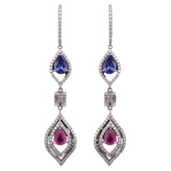 Set in 18K Gold, 1.69 carats Tanzanite, Pink Sapphire & Diamonds Dangle Earrings
