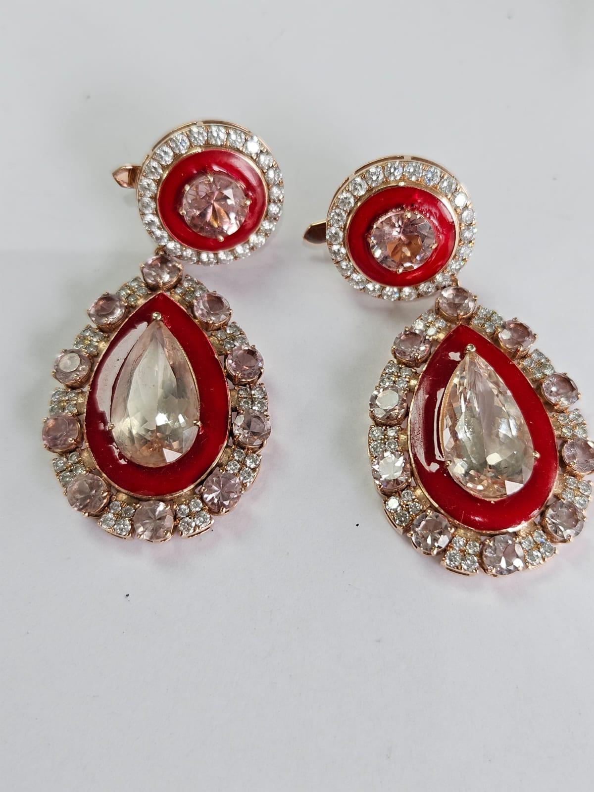 Set in 18K Gold, 17.42 carats Morganite, Red Enamel & Diamond Chandelier Earring For Sale 4