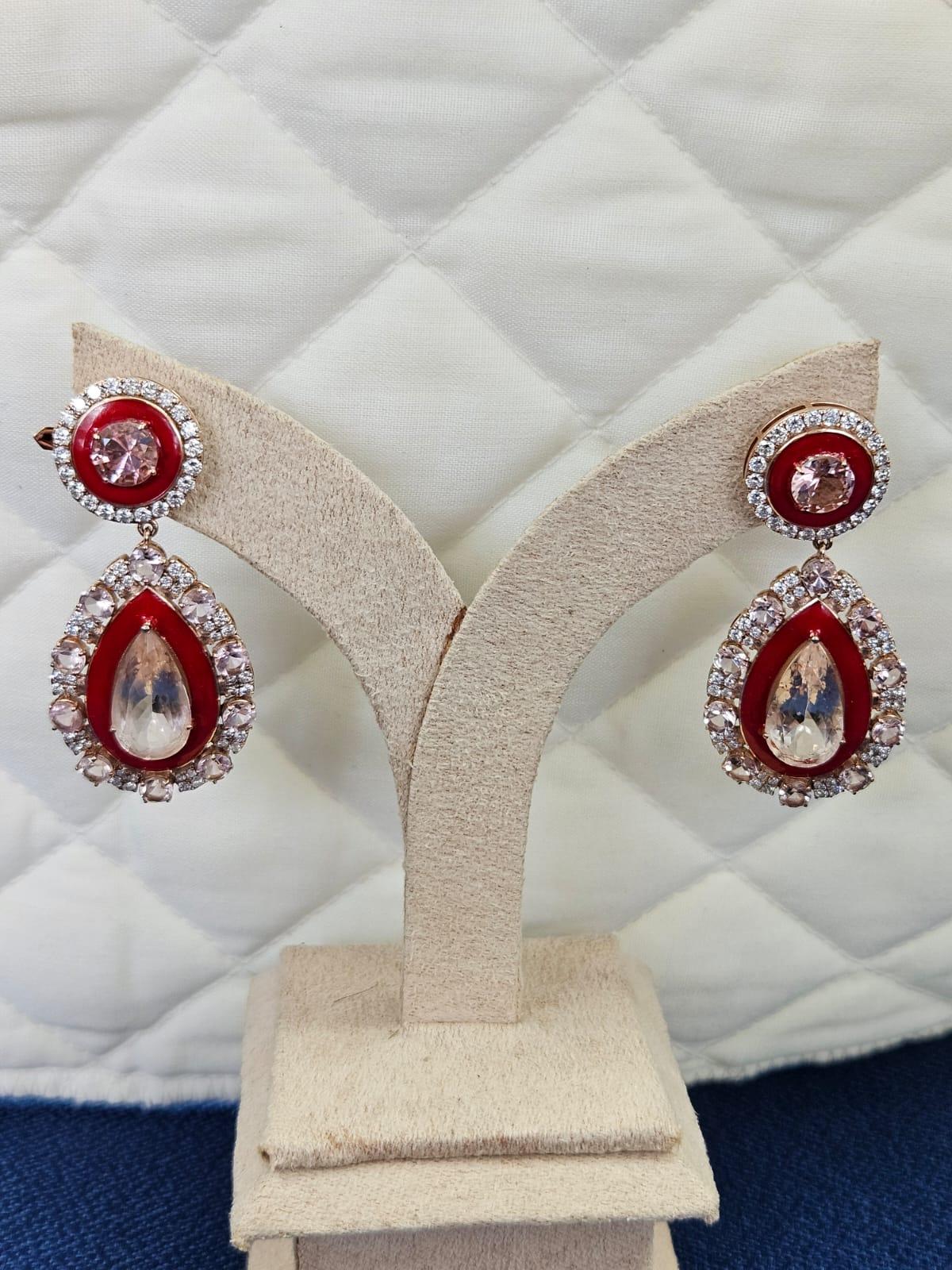 Pear Cut Set in 18K Gold, 17.42 carats Morganite, Red Enamel & Diamond Chandelier Earring For Sale