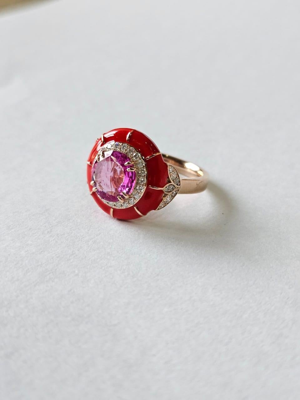 Modern Set in 18K Gold, 1.76 carat Pink Sapphire, Orange Enamel & Diamond Cocktail Ring For Sale