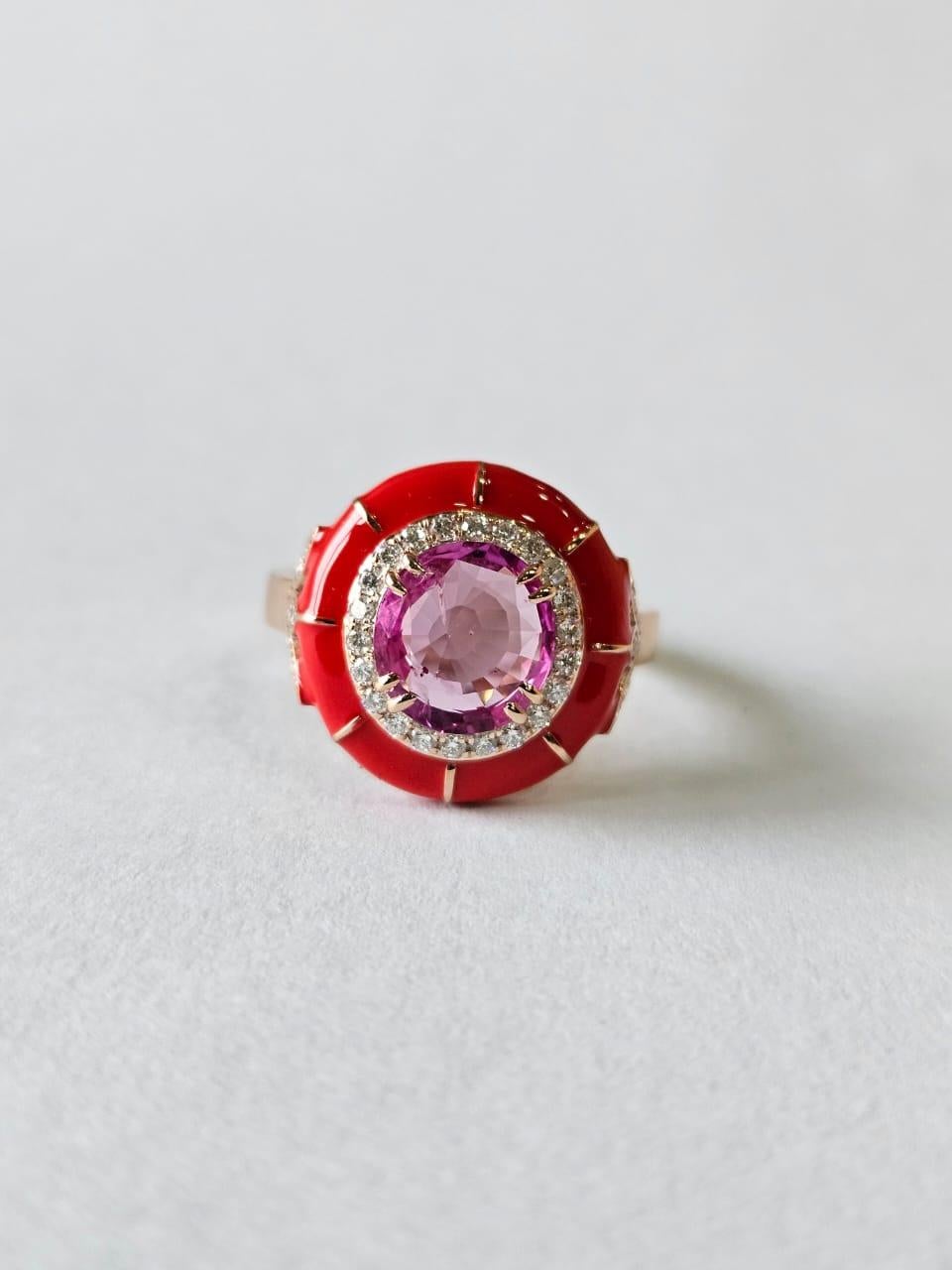 Round Cut Set in 18K Gold, 1.76 carat Pink Sapphire, Orange Enamel & Diamond Cocktail Ring For Sale