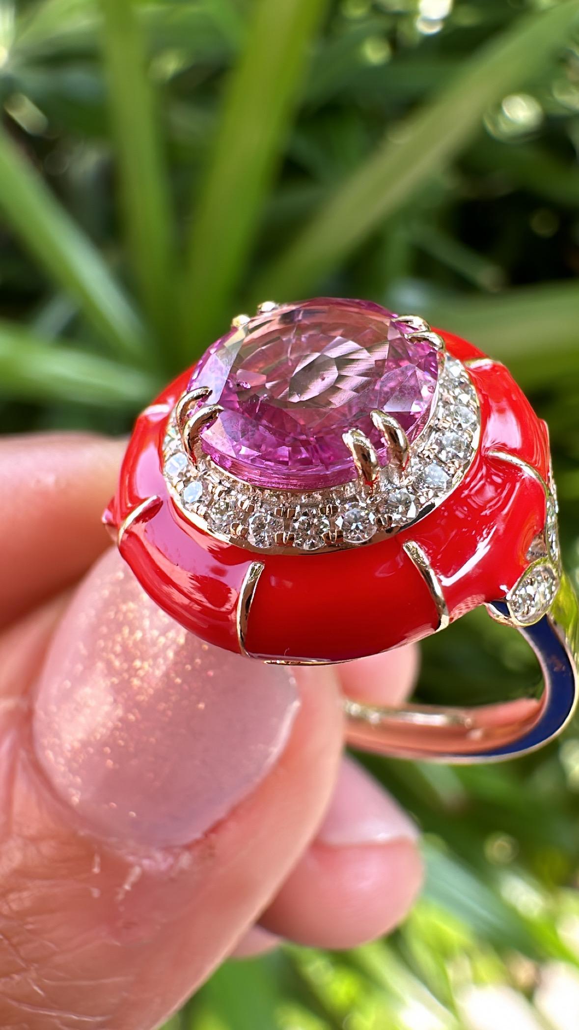 Set in 18K Gold, 1.76 carat Pink Sapphire, Orange Enamel & Diamond Cocktail Ring For Sale 1
