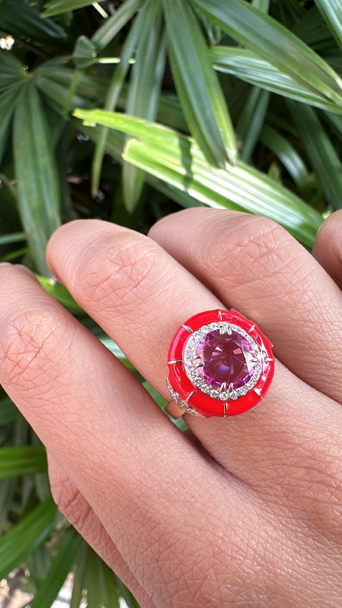 Set in 18K Gold, 1.76 carat Pink Sapphire, Orange Enamel & Diamond Cocktail Ring For Sale 3