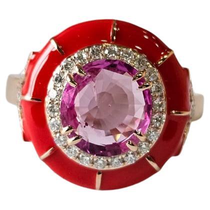 Set in 18K Gold, 1.76 carat Pink Sapphire, Orange Enamel & Diamond Cocktail Ring For Sale