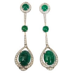 Set in 18K Gold, 17.80 carats, Emerald Cabochons & Diamonds Chandelier Earrings