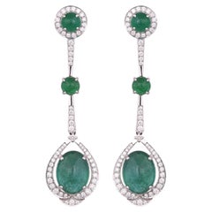 Set in 18K Gold, 17.80 carats, Emerald Cabochons & Diamonds Chandelier Earrings