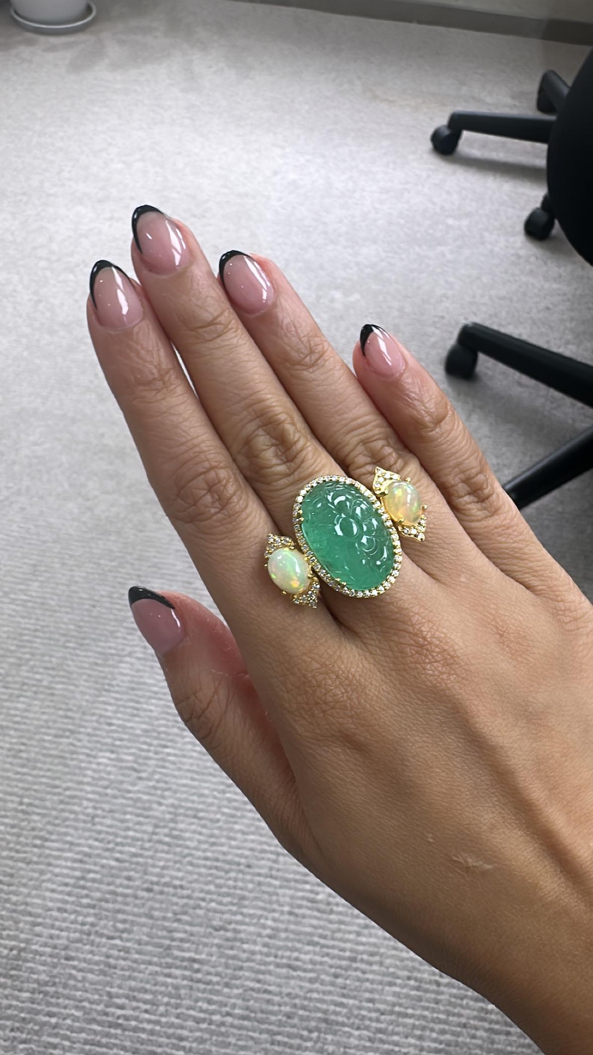 Set in 18K Gold 18.22 carat carved Russian Emerald, Opal & Diamond Cocktail Ring For Sale 2