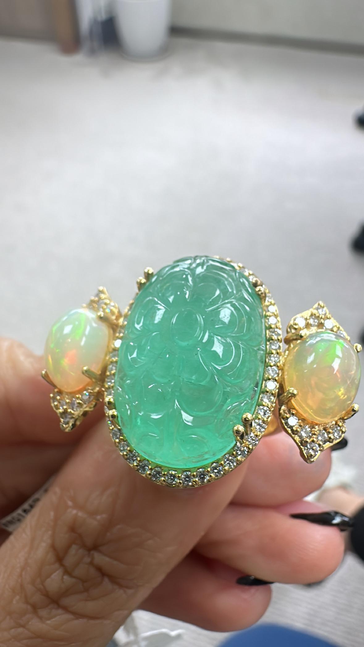 Women's Set in 18K Gold 18.22 carat carved Russian Emerald, Opal & Diamond Cocktail Ring For Sale