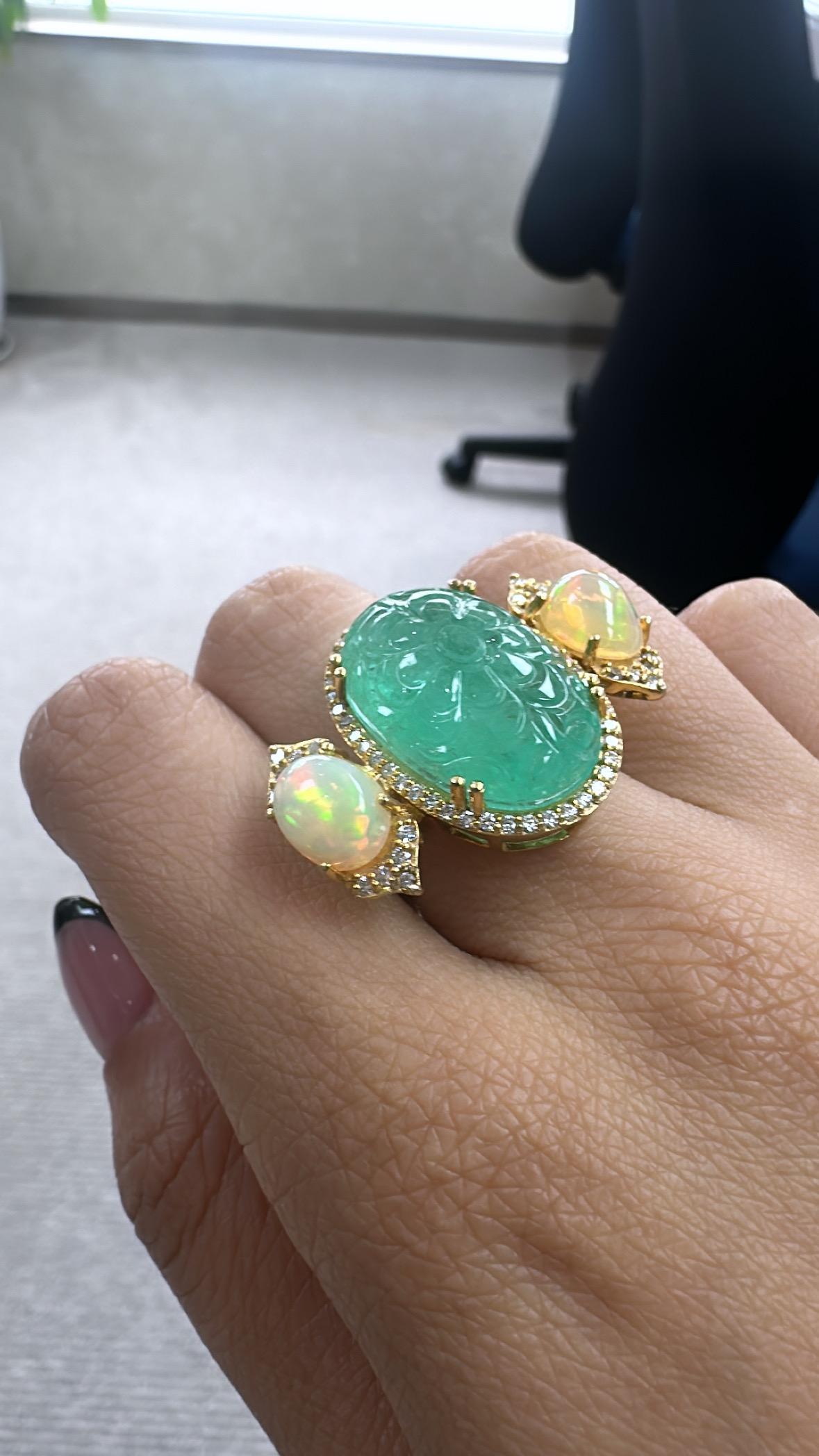 Set in 18K Gold 18.22 carat carved Russian Emerald, Opal & Diamond Cocktail Ring For Sale 1