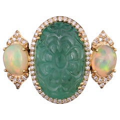 Set in 18K Gold 18.22 carat carved Russian Emerald, Opal & Diamond Cocktail Ring