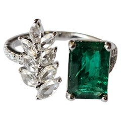 Set in 18K Gold, 1.83 carats Zambian Emerald 
Rose Cut Diamonds Engagement Ring