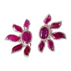 Set in 18K Gold, 18.55 carats, natural Mozambique Ruby & Diamonds Stud Earrings