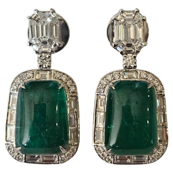 Set in 18K Gold, 18.70 carats Emerald Cabochons & Diamonds Dangle Earrings