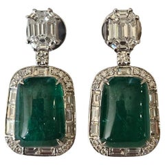 Set in 18K Gold, 18.70 carats Emerald Cabochons & Diamonds Dangle Earrings