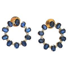 Set in 18K Gold, 18.75 Carats, Ceylon Blue Sapphires & Diamonds Hoop Earrings