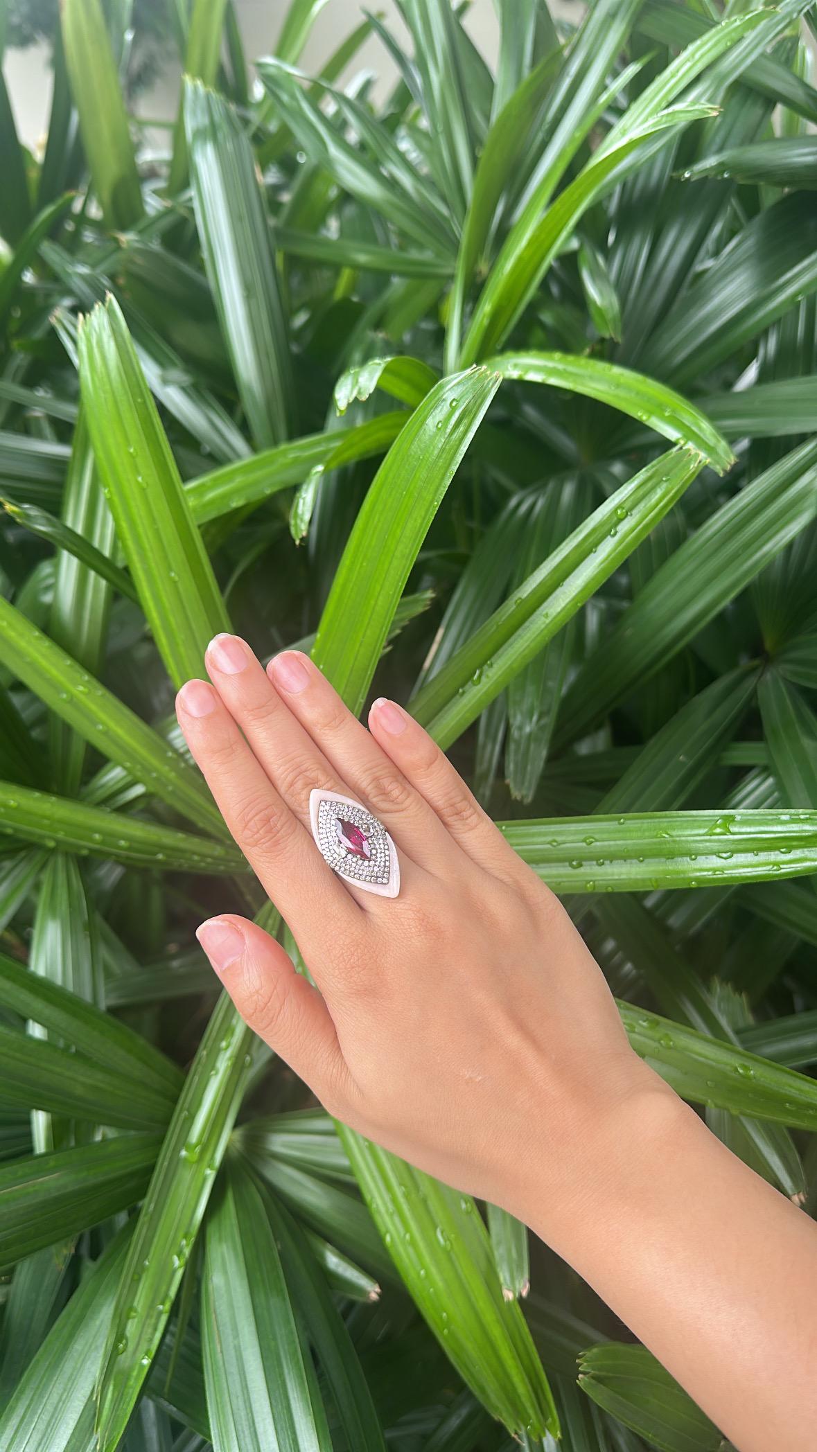 Set in 18K Gold, 1.88 carats Rubellite, Pink Opal & Diamonds Cocktail Ring For Sale 4