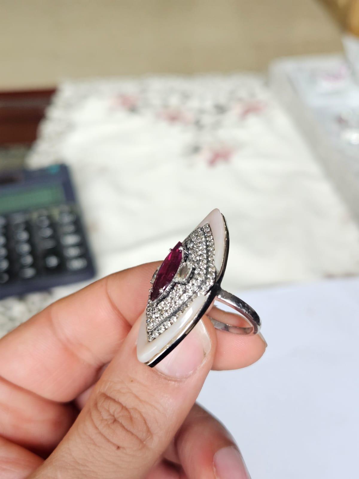 Art Deco Set in 18K Gold, 1.88 carats Rubellite, Pink Opal & Diamonds Cocktail Ring For Sale