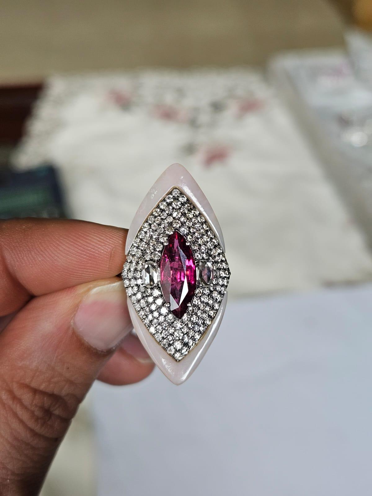 Marquise Cut Set in 18K Gold, 1.88 carats Rubellite, Pink Opal & Diamonds Cocktail Ring For Sale