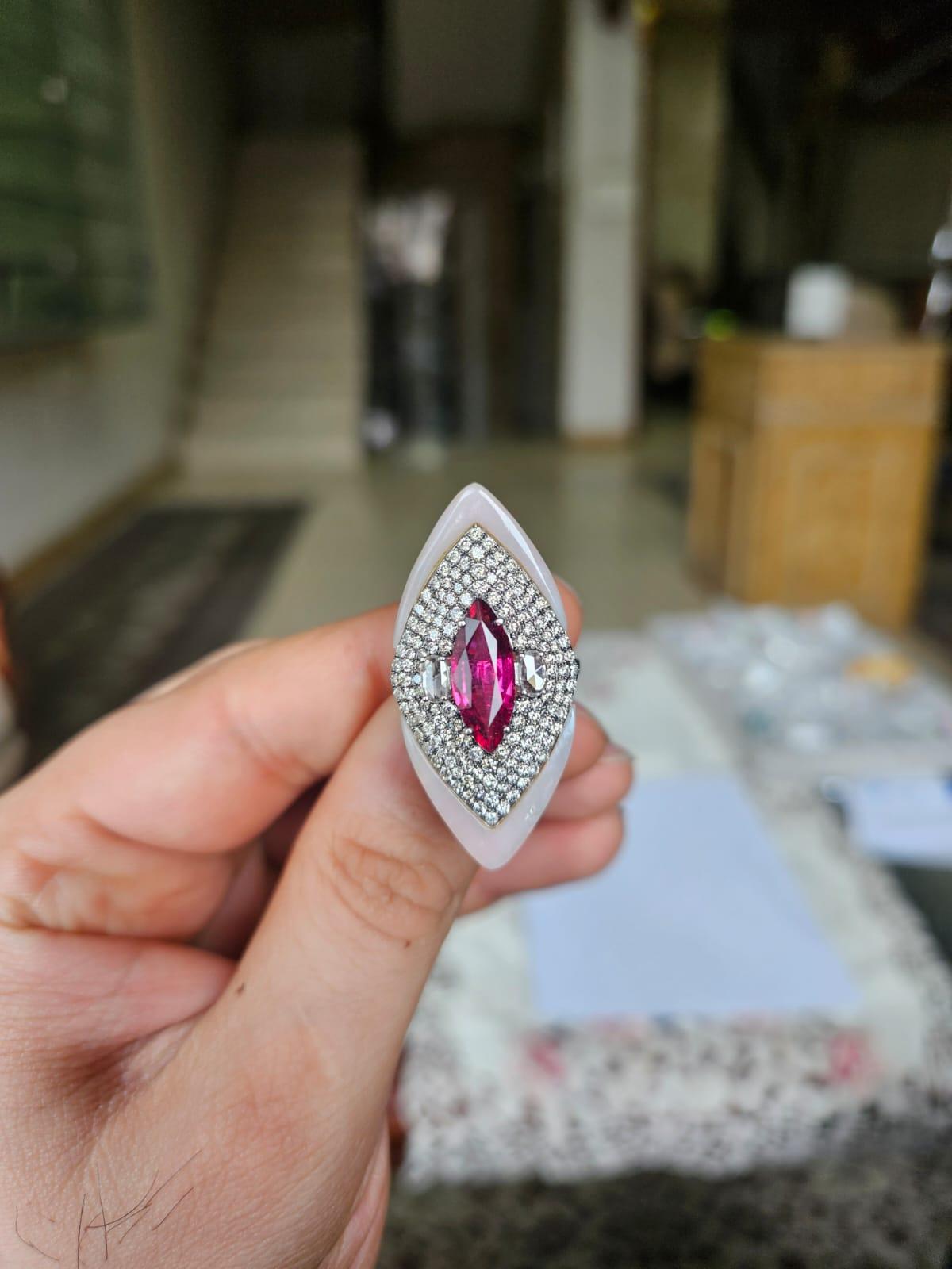 Set in 18K Gold, 1.88 carats Rubellite, Pink Opal & Diamonds Cocktail Ring In New Condition For Sale In Hong Kong, HK