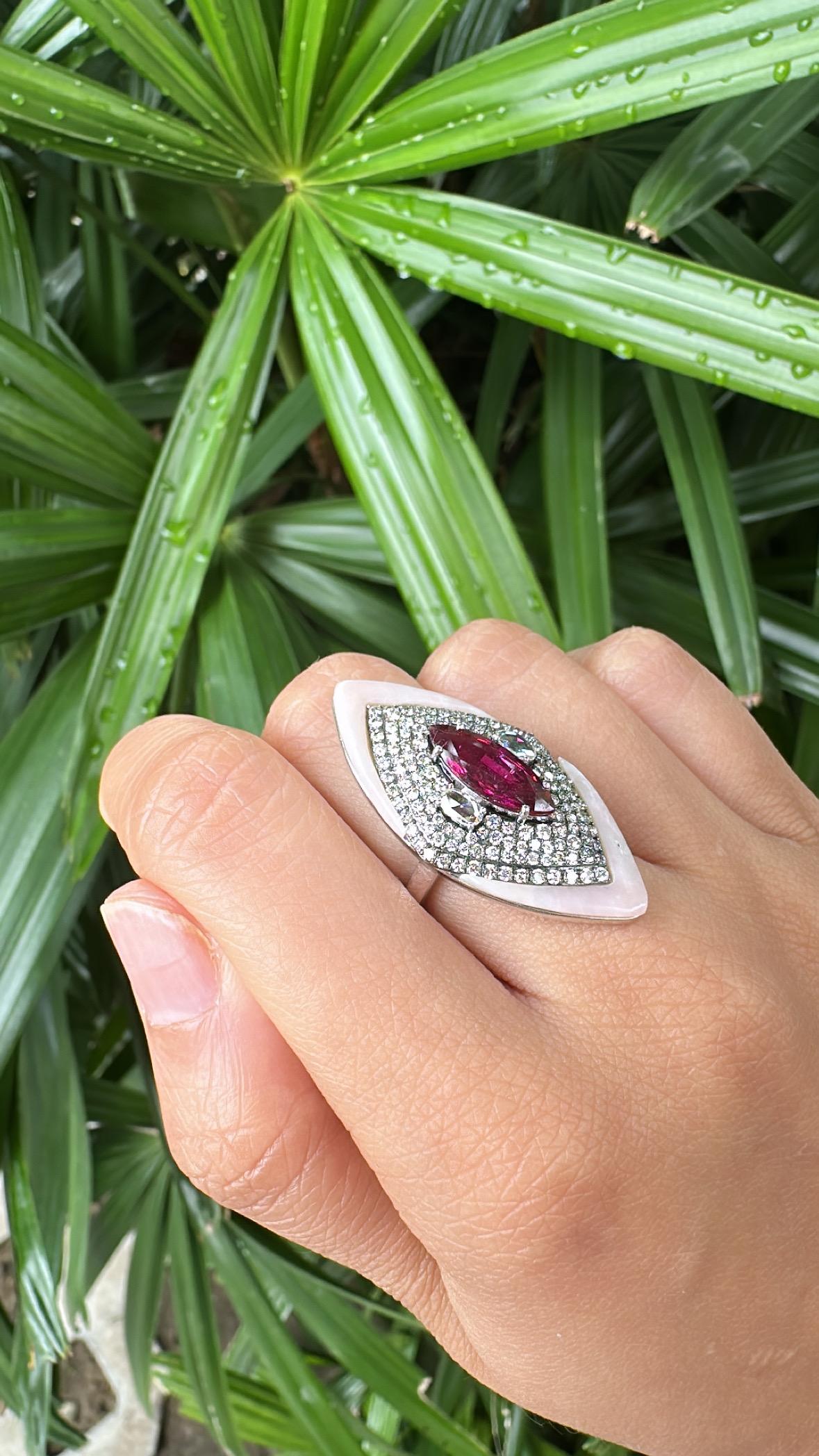 Set in 18K Gold, 1.88 carats Rubellite, Pink Opal & Diamonds Cocktail Ring For Sale 2