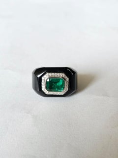 Set in 18K Gold, 1.92 carat Zambia Emerald, Black Onyx & Diamond Engagement Ring
