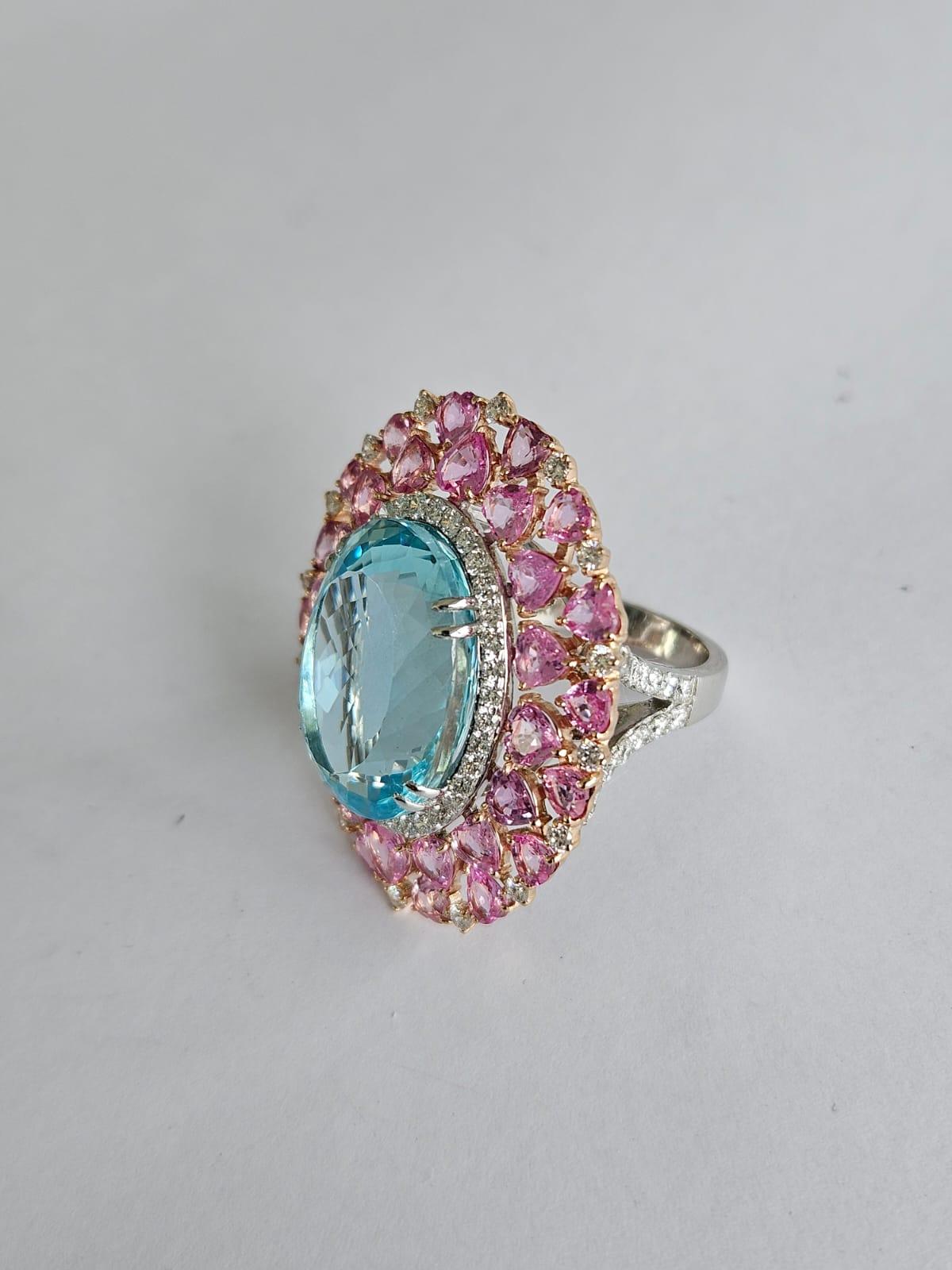 Heart Cut Set in 18K Gold, 19.58 carats, Aquamarine, Pink Sapphire & Diamond Cocktail Ring For Sale