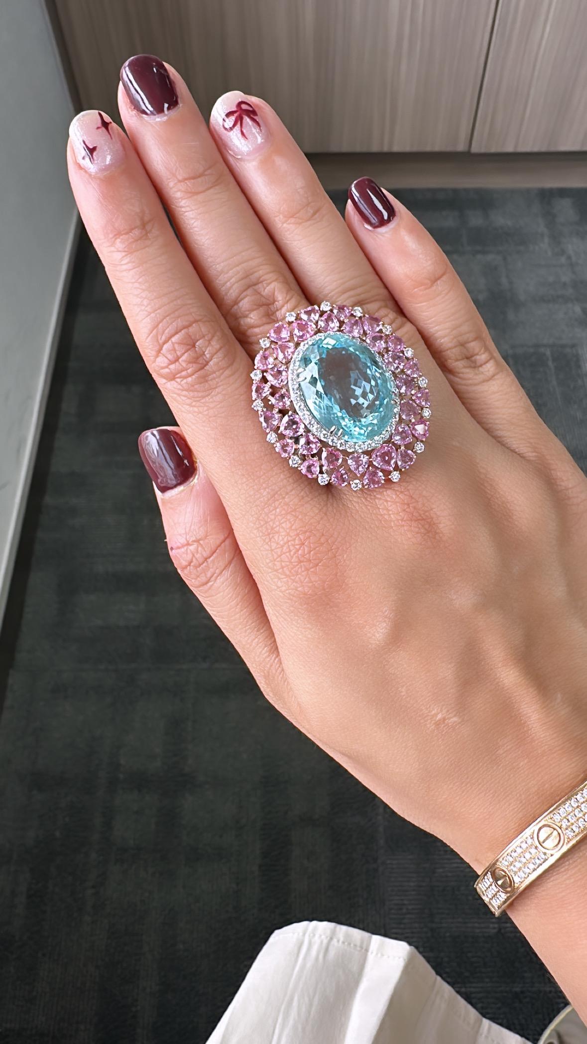 Set in 18K Gold, 19.58 carats, Aquamarine, Pink Sapphire & Diamond Cocktail Ring 2