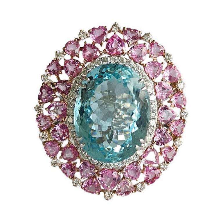 Cocktailring aus 18 Karat Gold, 19,58 Karat Aquamarin, rosa Saphir und Diamant