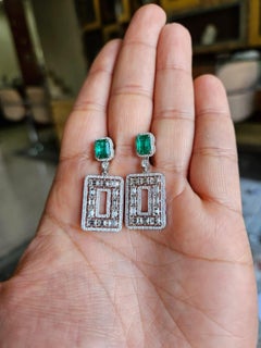 Set in 18K Gold, 1.96 carats, natural Zambian Emeralds & Diamonds Dangle Earring