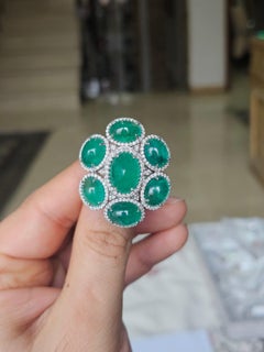 Set in 18K Gold, 19.97 carats natural Emerald Cabochon & Diamonds Cocktail Ring