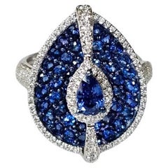 Bague cocktail en or 18 carats, 2,12 carats, saphirs bleus de Ceylan et diamants