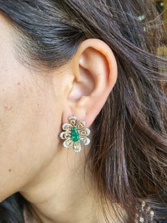 Set in 18K Gold, 2.12 Carats, Zambian Emerald & Rose Cut Diamonds Stud Earrings