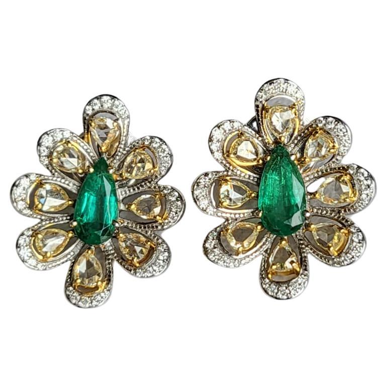 Set in 18K Gold, 2.12 Carats, Zambian Emerald & Rose Cut Diamonds Stud Earrings For Sale