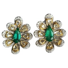 Set in 18K Gold, 2.12 Carats, Zambian Emerald & Rose Cut Diamonds Stud Earrings
