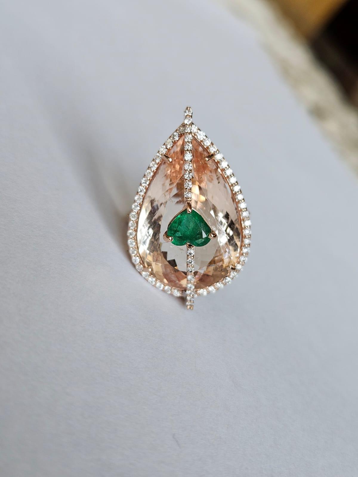 Pear Cut Set in 18K Gold, 21.25 carats Morganite, Zambian Emerald & Diamond Cocktail Ring For Sale