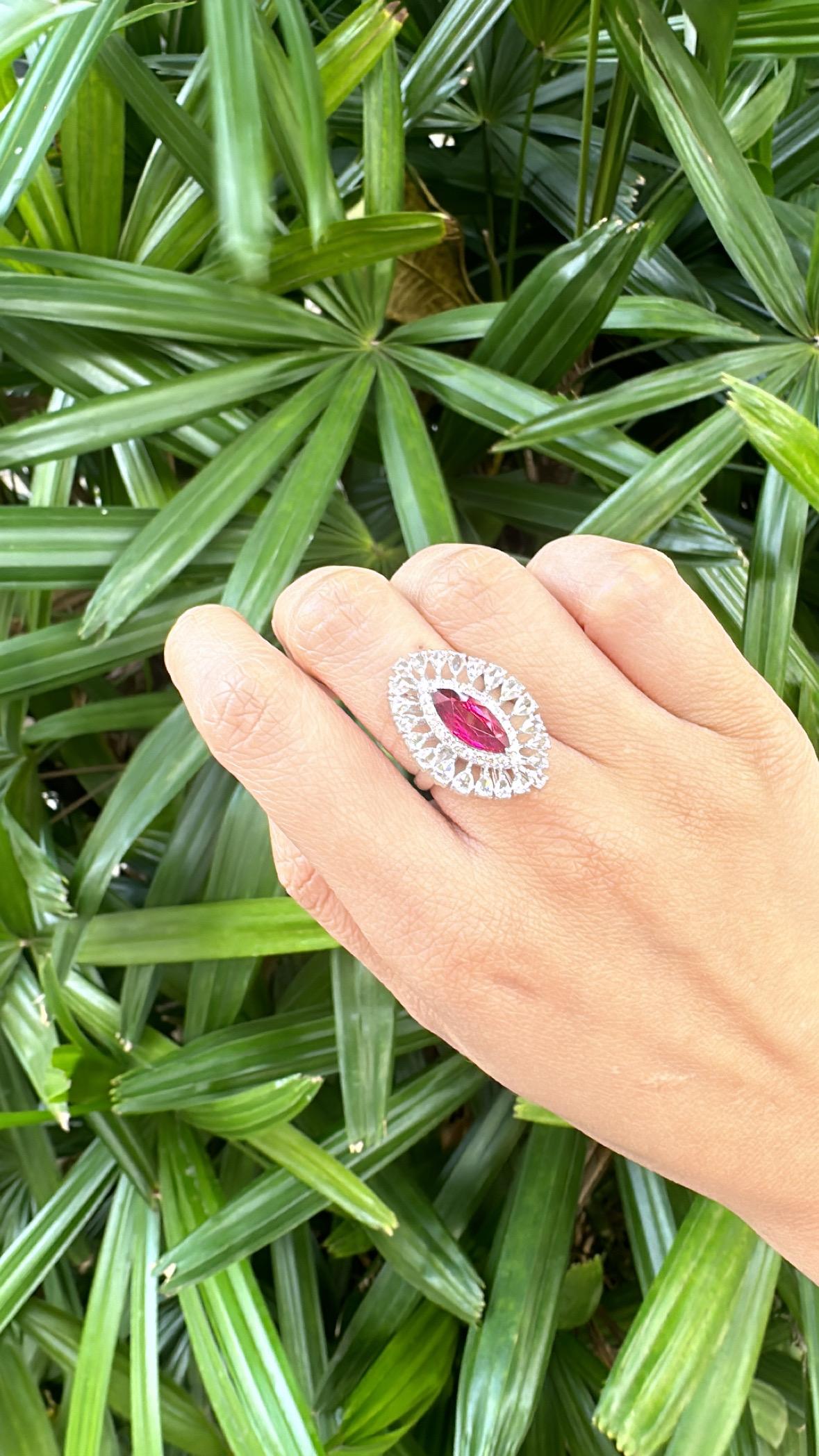 Set in 18K Gold, 2.17 carats Rubellite & Rose Cut Diamonds Engagement Ring For Sale 4